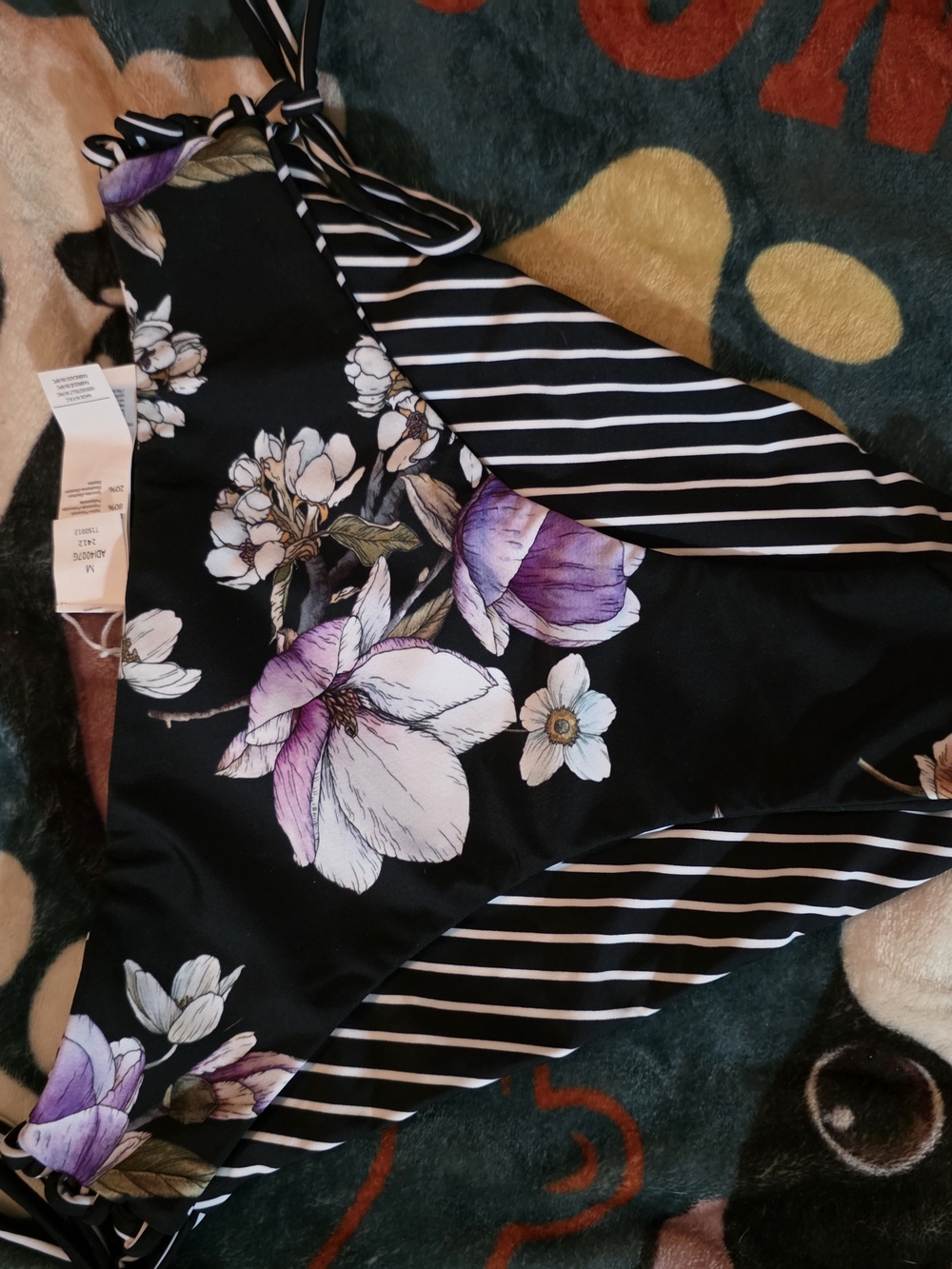 Black Floral & Stripe Bikini Bottom